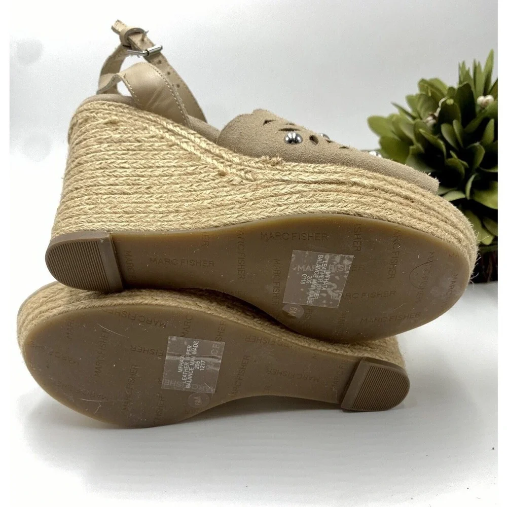 Marc Fisher LTD Women's Nude Tan Hata Cutout Espadrille Wedge Sandal‎ Sz 6/36.5